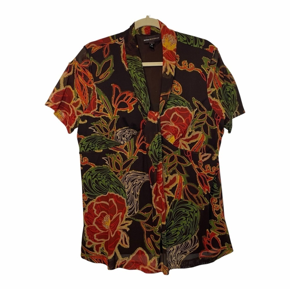 Dana Buchman Women’s XL Sheer Floral Blouse Top Short Sleeve Boho Tropical Print